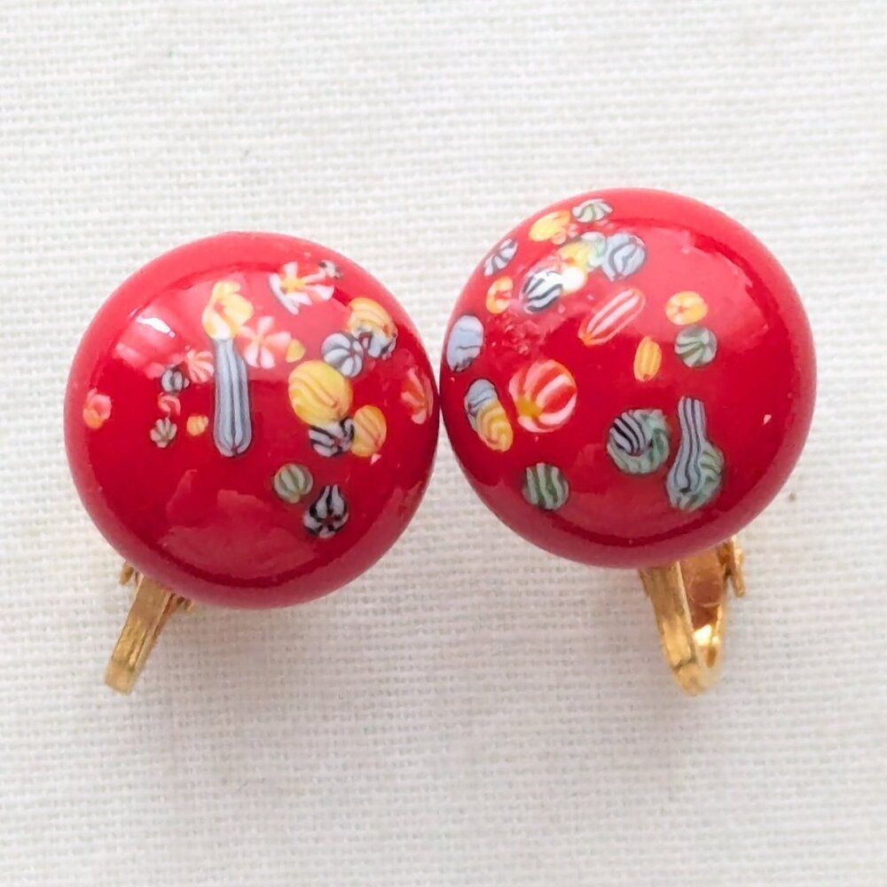Red Millefiore Clip On Earrings Vintage Mid Century Art Glass Jewelry Gift